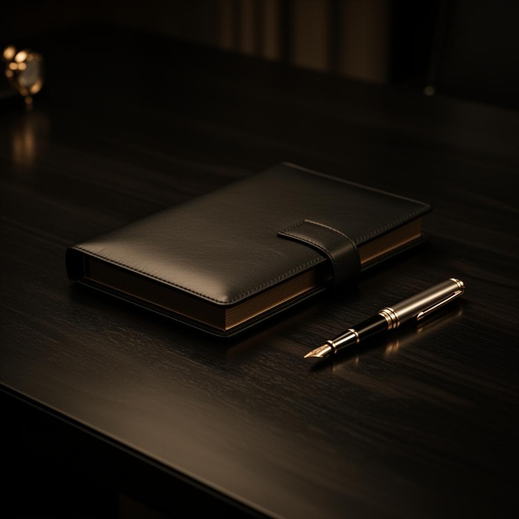 Bureau privé en bois sombre avec carnet en cuir et stylo de luxe
